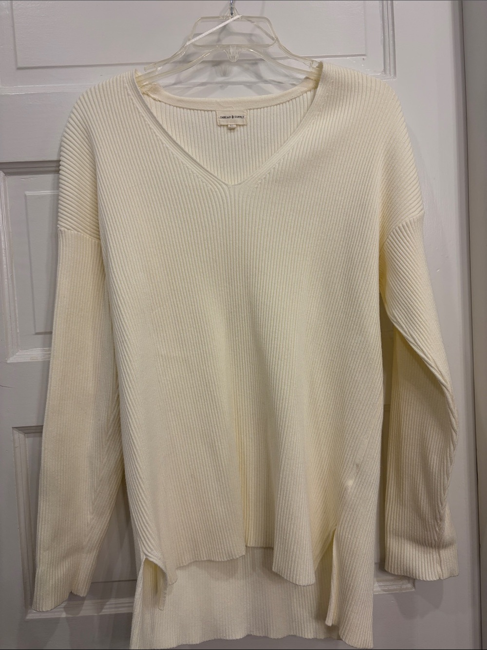 Thread & Supply Cream Ribbed V-Neck Sweater